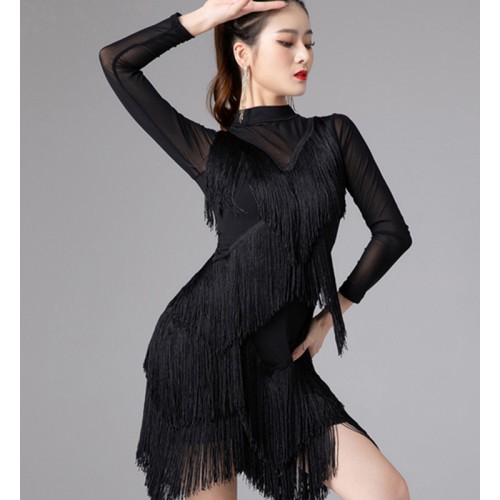 Black red Latin dance dresses stage performance dress Lombard Chacha tassels competition dress long sleeves high neck practice latin ballroom dance dress